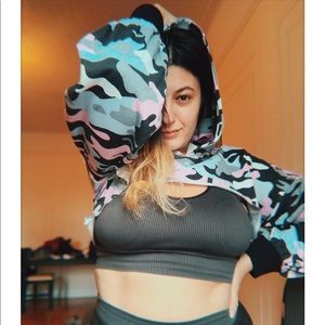 Missguided Pink Multi Camo Cut Out Hooded Sweater